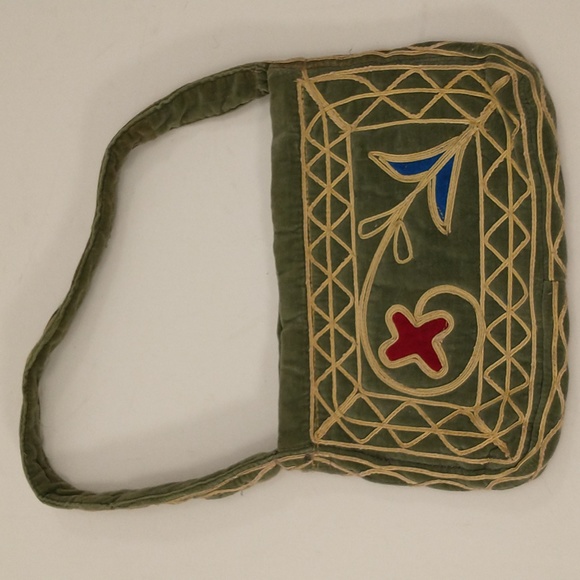 Authentic 70s Vintage Bohemian Velvet Purse Cotton w Applique sm Boho Handbag - Picture 2 of 9